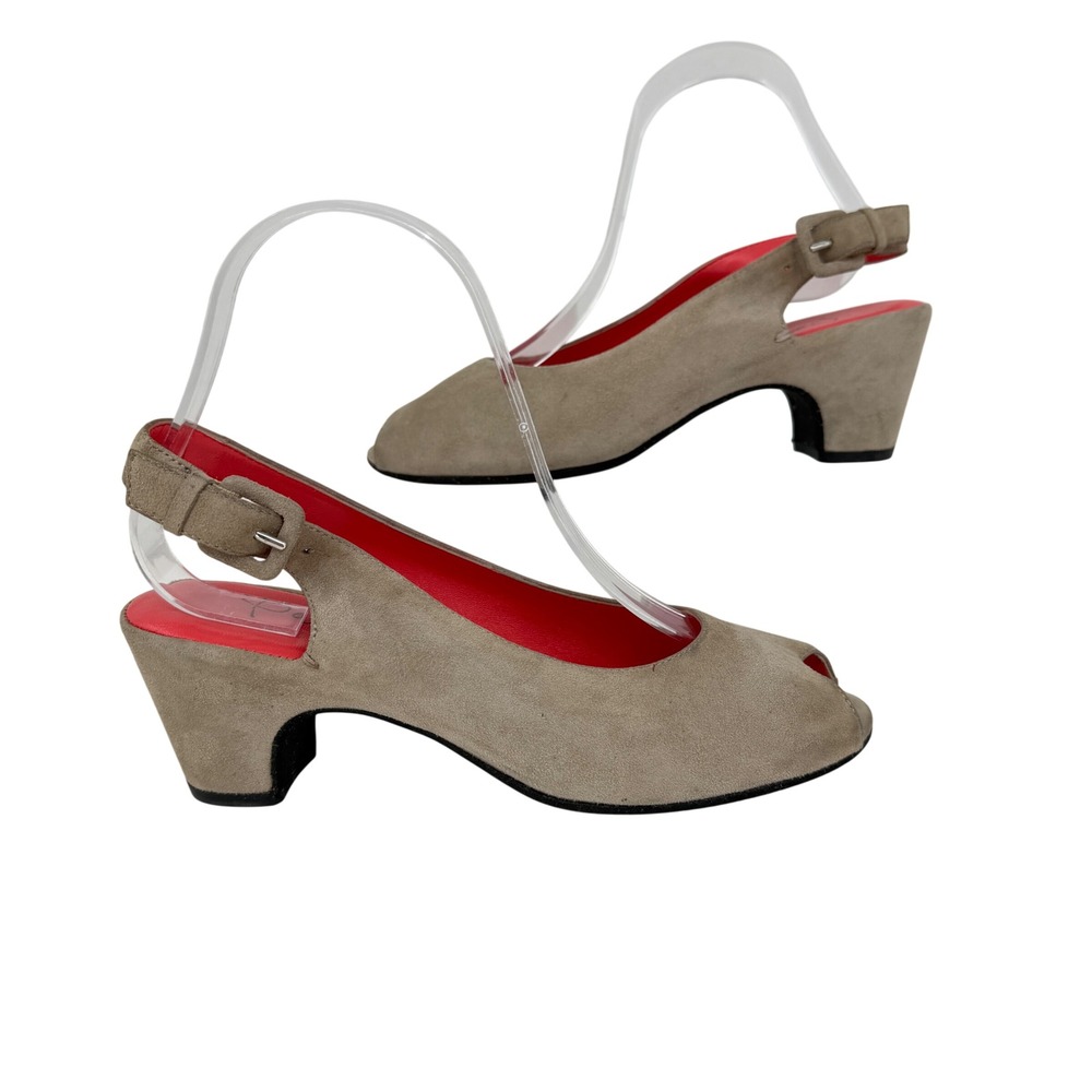 Pas de Rouge Peep Toe Slingback Pumps Size EU 36 Taupe Suede Block Heel Italy